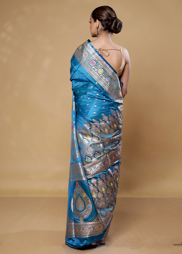 Blue Banarasi Silk Saree With Blouse Piece