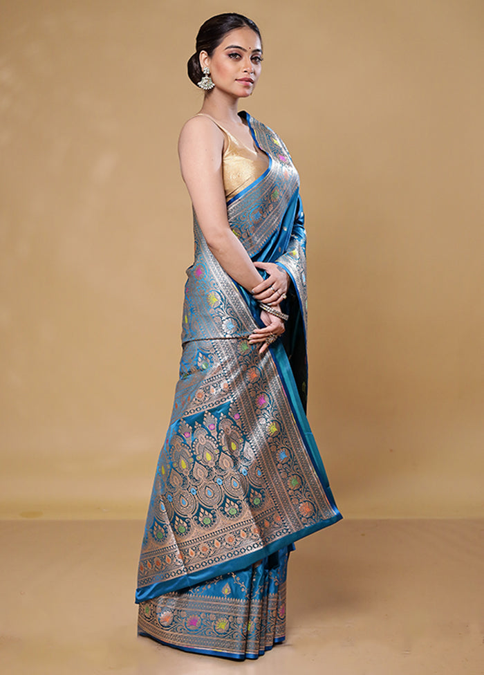 Blue Banarasi Silk Saree With Blouse Piece