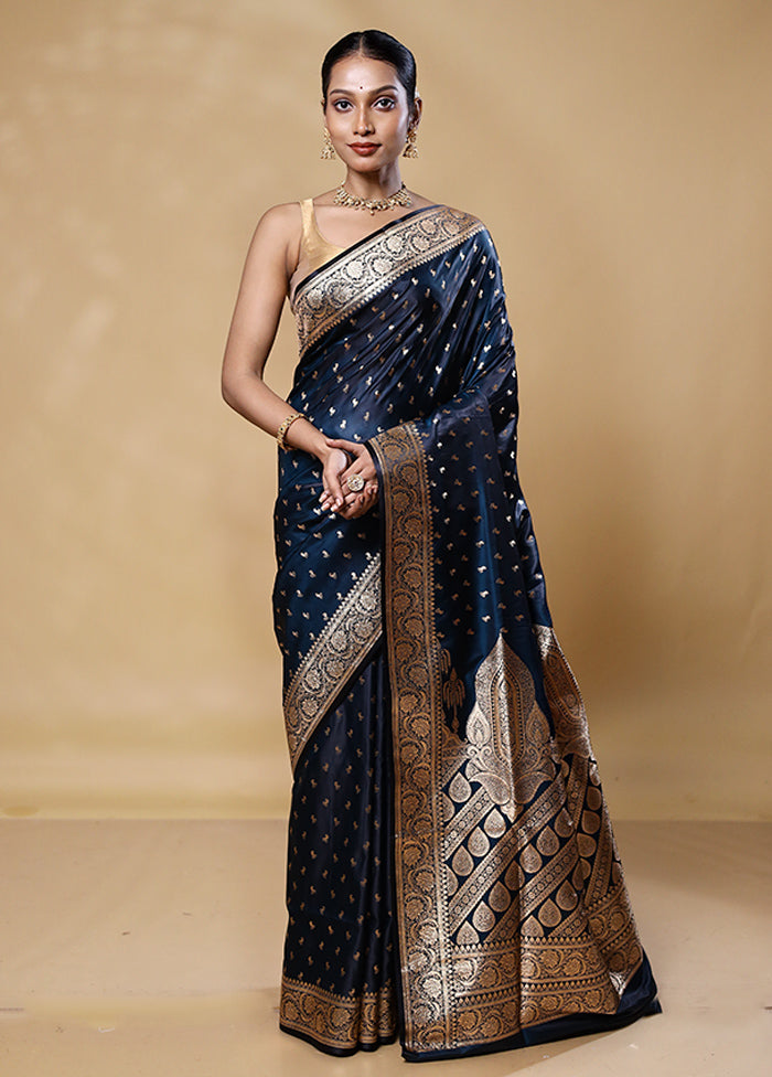 Blue Banarasi Silk Saree With Blouse Piece