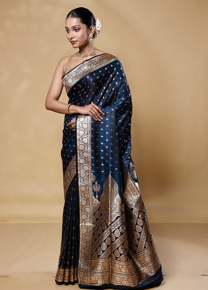 Blue Banarasi Silk Saree With Blouse Piece