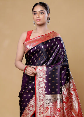 Wine Banarasi Silk Saree With Blouse Piece