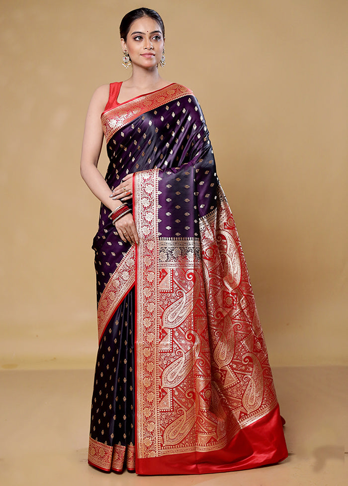 Wine Banarasi Silk Saree With Blouse Piece