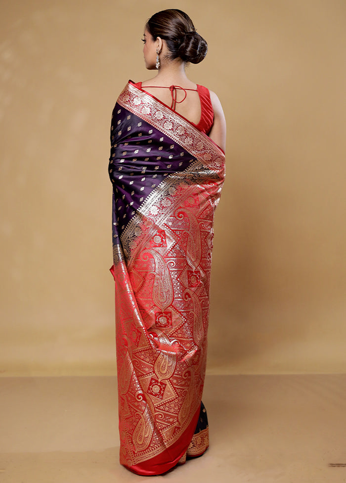 Wine Banarasi Silk Saree With Blouse Piece