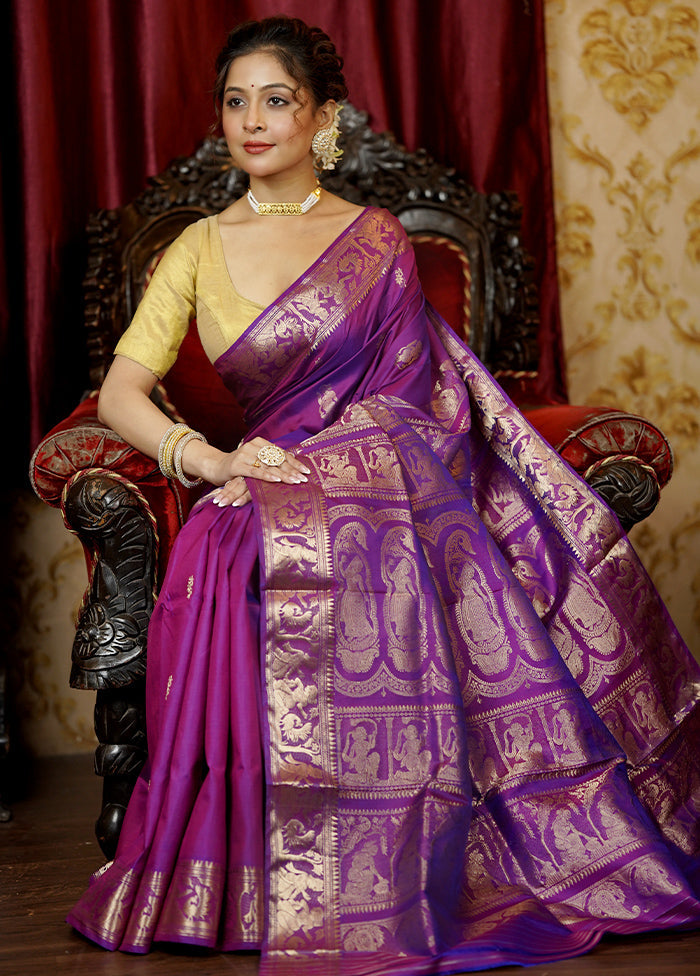 Purple Handloom Baluchari Pure Silk Saree With Blouse Piece