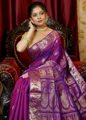 Purple Handloom Baluchari Pure Silk Saree With Blouse Piece