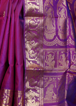 Purple Handloom Baluchari Pure Silk Saree With Blouse Piece