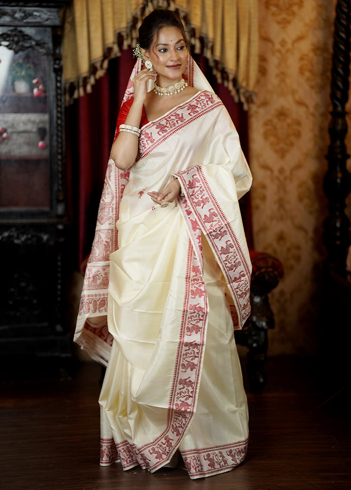 Cream Handloom Baluchari Pure Silk Saree With Blouse Piece