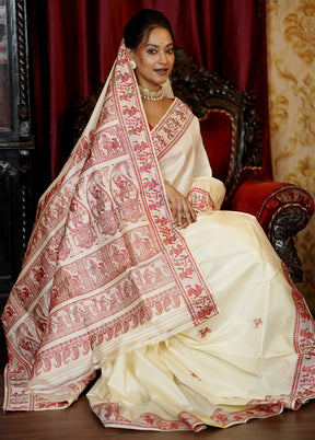 Cream Handloom Baluchari Pure Silk Saree With Blouse Piece