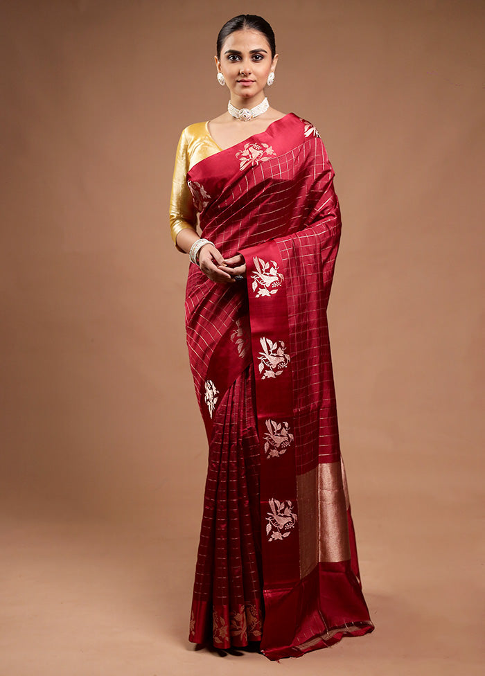 Maroon Handloom Katan Pure Silk Saree With Blouse Piece