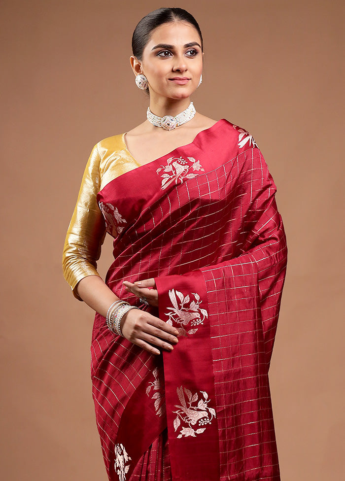 Maroon Handloom Katan Pure Silk Saree With Blouse Piece