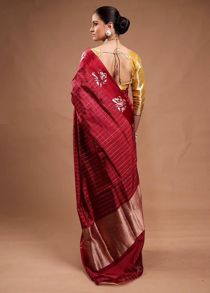 Maroon Handloom Katan Pure Silk Saree With Blouse Piece