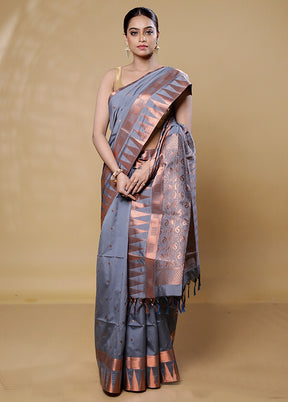 Grey Kanjivaram Silk Saree With Blouse Piece