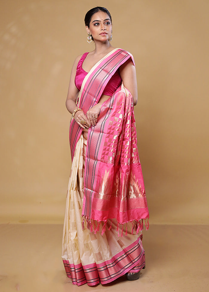 Cream Kanjivaram Silk Saree With Blouse Piece