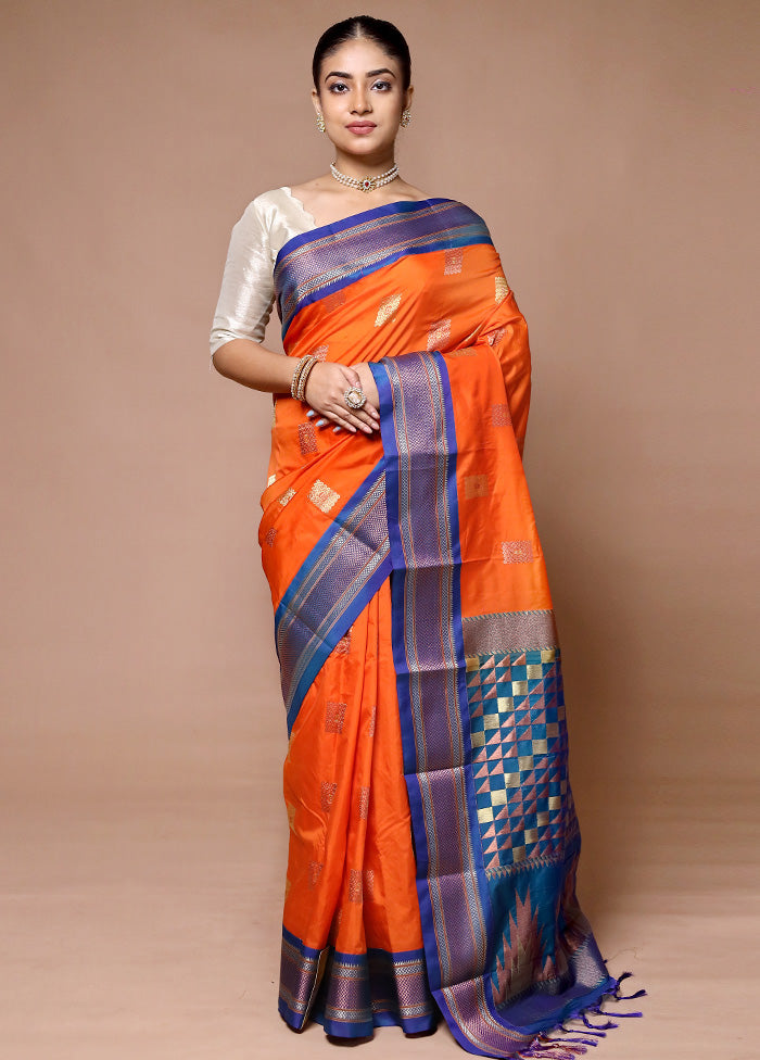 Orange Kanjivaram Silk Saree With Blouse Piece