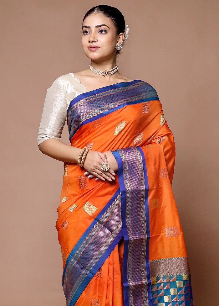 Orange Kanjivaram Silk Saree With Blouse Piece