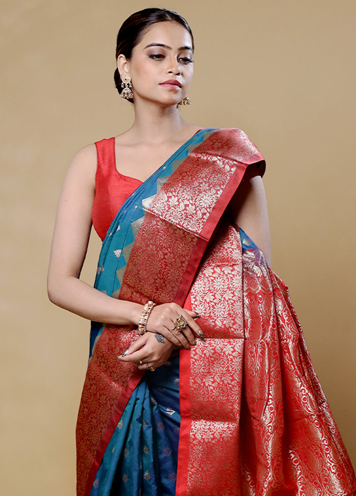 Blue Kanjivaram Silk Saree With Blouse Piece