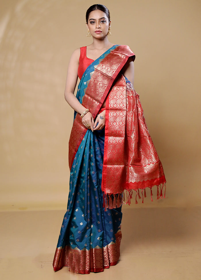 Blue Kanjivaram Silk Saree With Blouse Piece