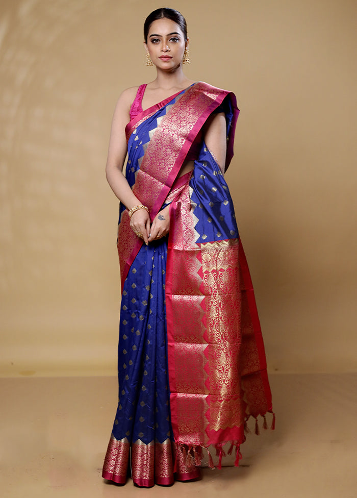 Blue Kanjivaram Silk Saree With Blouse Piece