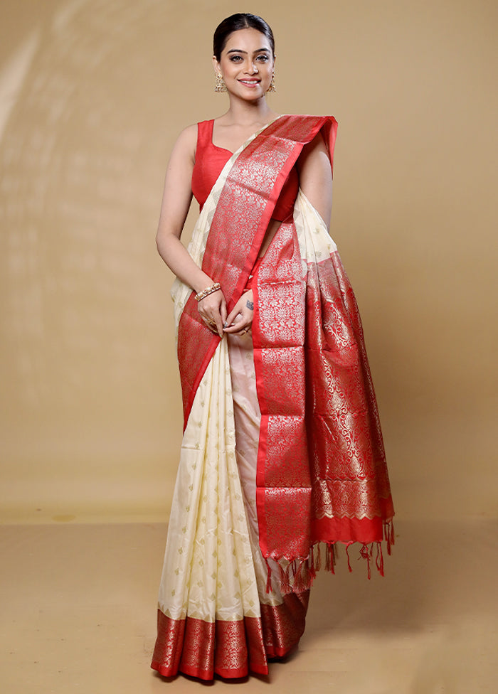 Cream Kanjivaram Silk Saree With Blouse Piece