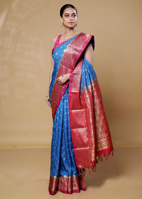 Blue Kanjivaram Silk Saree With Blouse Piece