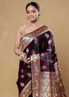 Wine Banarasi Silk Saree With Blouse Piece