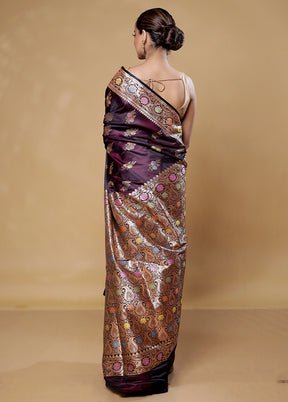 Wine Banarasi Silk Saree With Blouse Piece