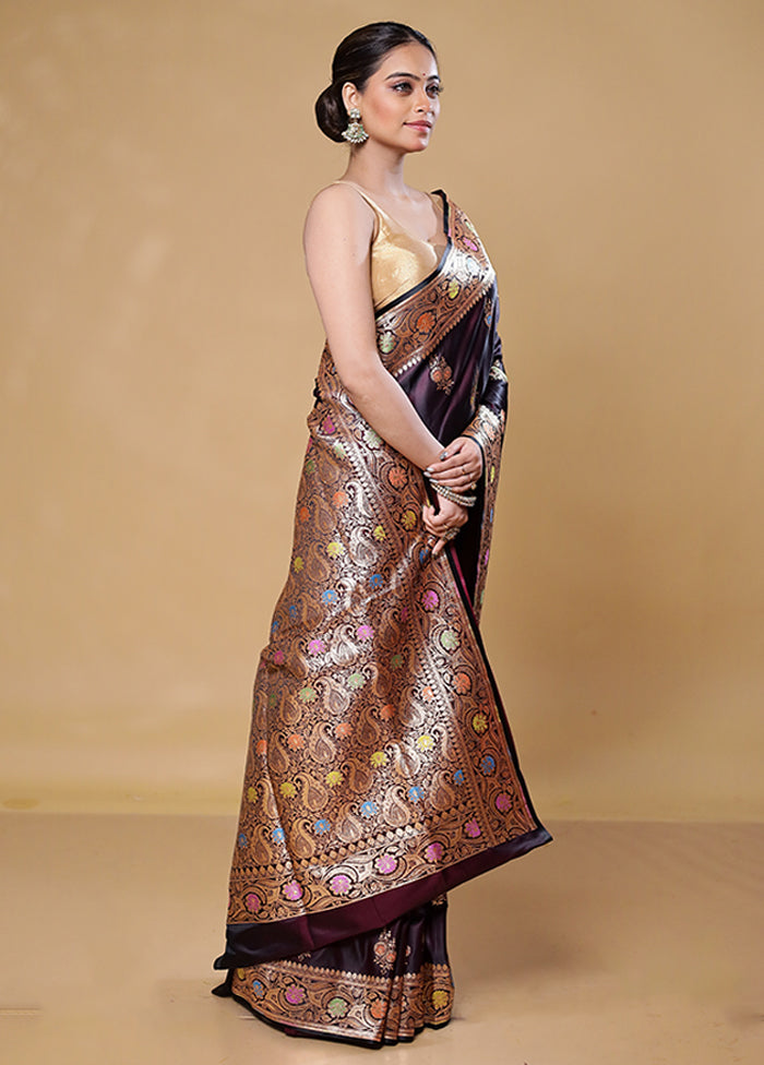 Wine Banarasi Silk Saree With Blouse Piece