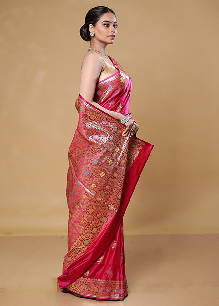 Pink Banarasi Silk Saree With Blouse Piece