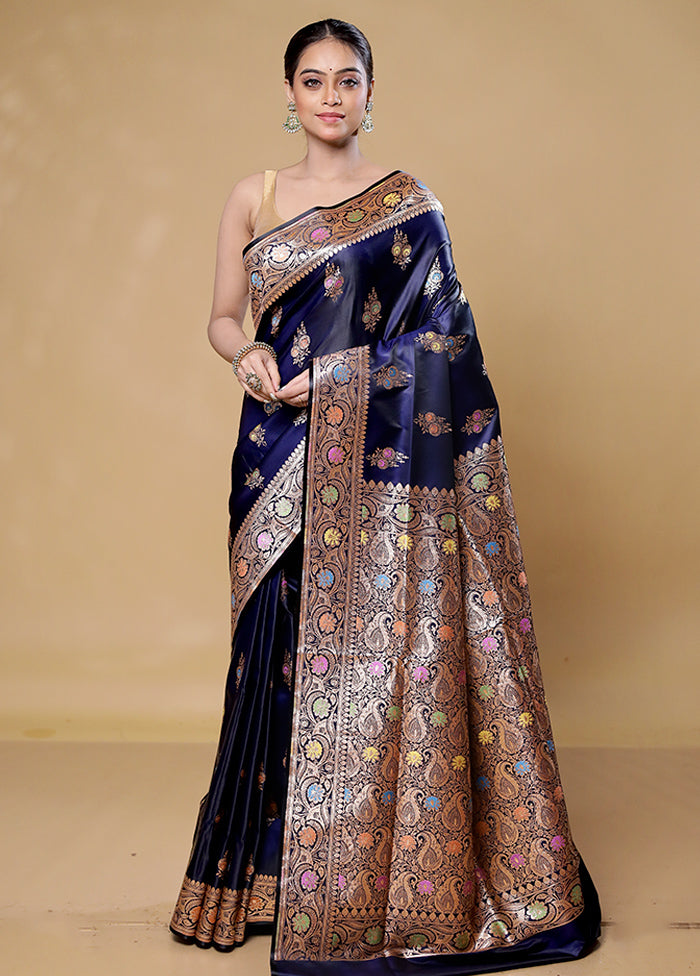 Blue Banarasi Silk Saree With Blouse Piece