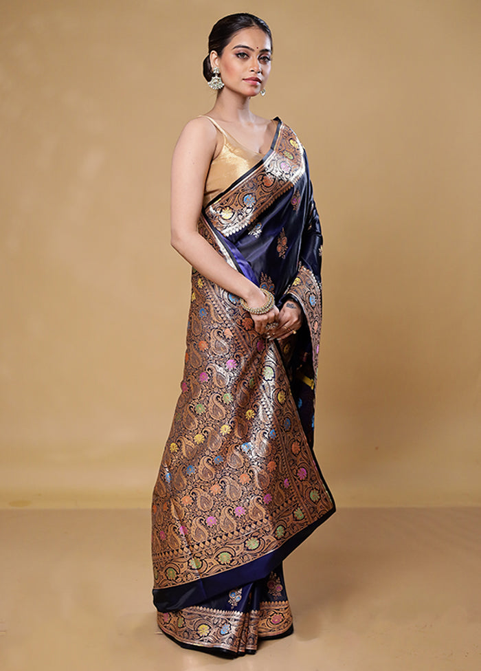 Blue Banarasi Silk Saree With Blouse Piece