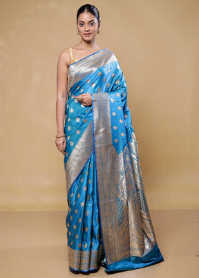 Blue Banarasi Silk Saree With Blouse Piece