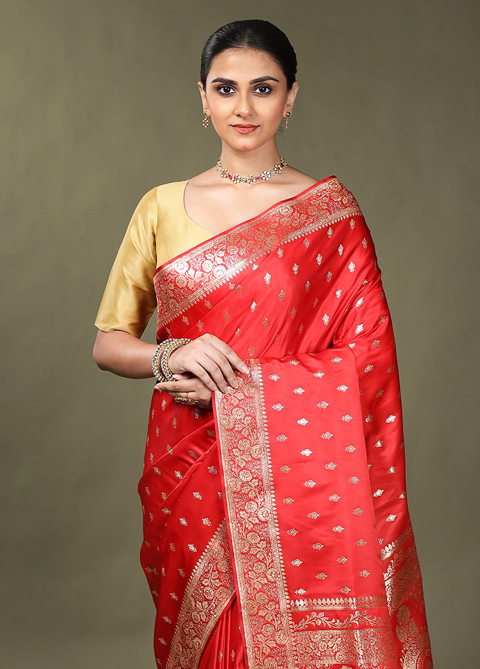 Red Banarasi Silk Saree With Blouse Piece