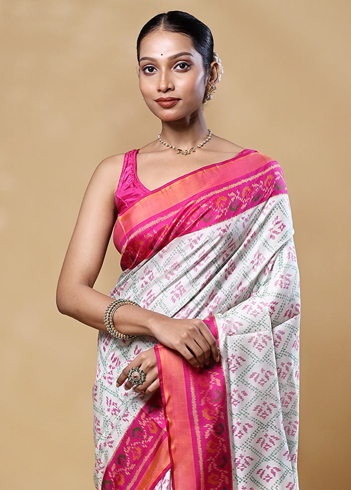 White Handloom Patola Pure Silk Saree With Blouse Piece