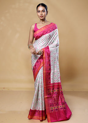 White Handloom Patola Pure Silk Saree With Blouse Piece