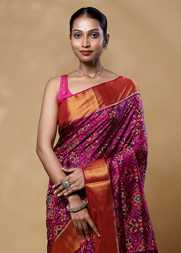 Pink Handloom Patola Pure Silk Saree With Blouse Piece