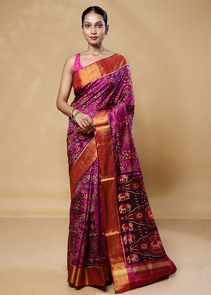 Pink Handloom Patola Pure Silk Saree With Blouse Piece