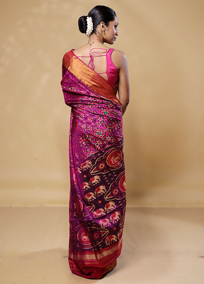 Pink Handloom Patola Pure Silk Saree With Blouse Piece