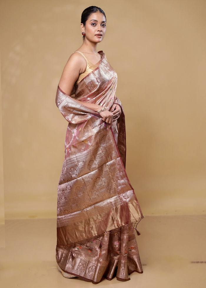 Pink Crushed Tissue Silk Saree With Blouse Piece