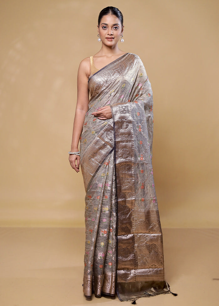 Grey Crushed Tissue Silk Saree With Blouse Piece