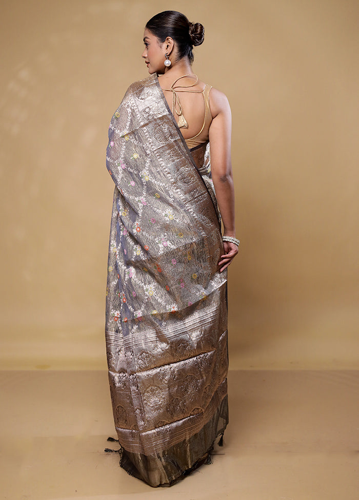 Grey Crushed Tissue Silk Saree With Blouse Piece