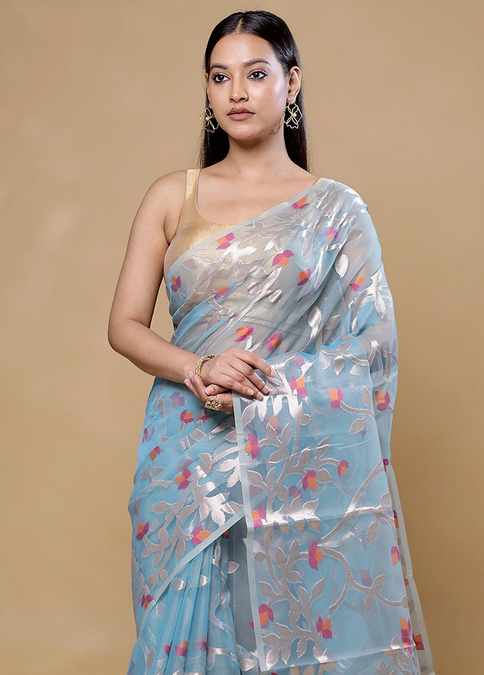 Blue Organza Saree With Blouse Piece