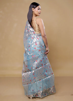 Blue Organza Saree With Blouse Piece