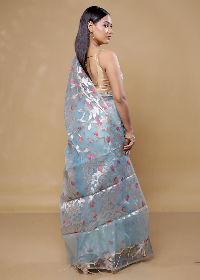 Blue Organza Saree With Blouse Piece