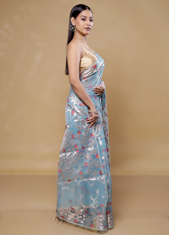 Blue Organza Saree With Blouse Piece