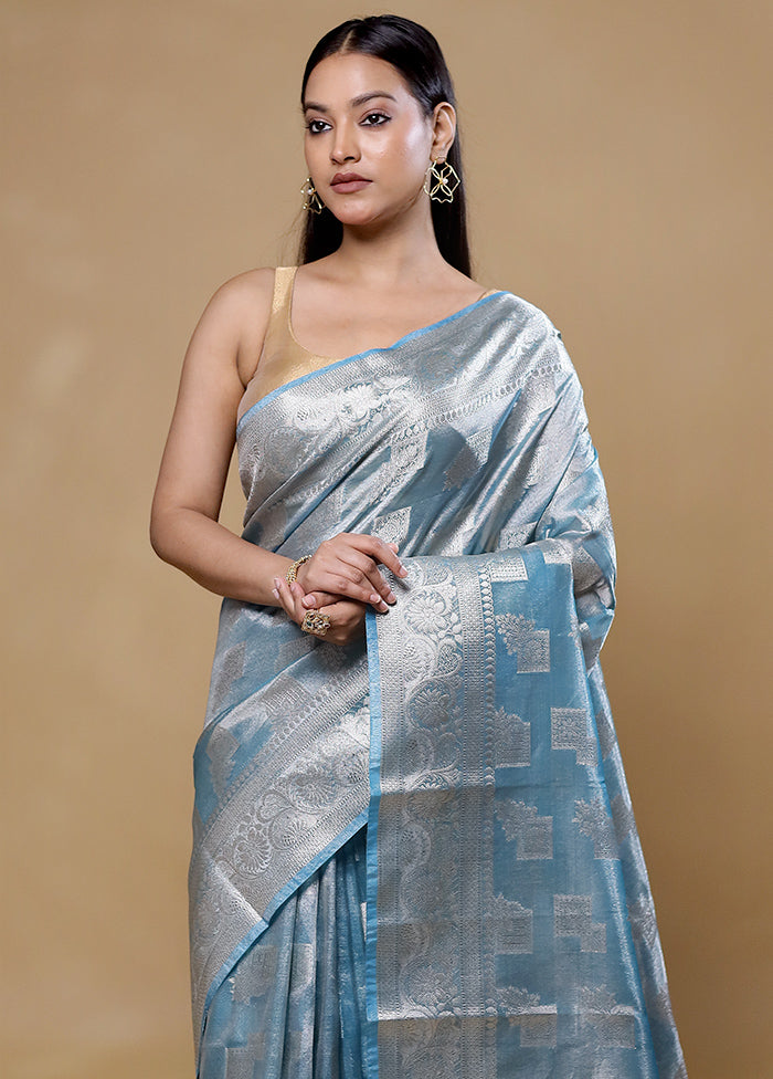 Blue Tissue Silk Saree With Blouse Piece