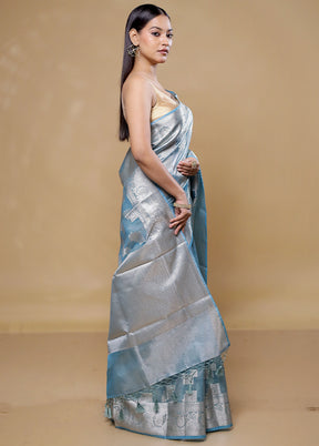 Blue Tissue Silk Saree With Blouse Piece