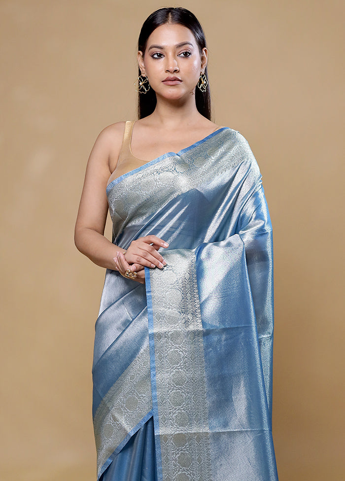 Blue Tissue Silk Saree With Blouse Piece