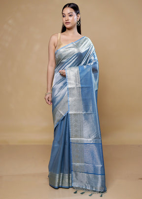 Blue Tissue Silk Saree With Blouse Piece