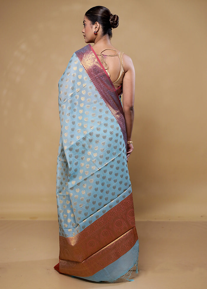 Blue Kora Silk Saree With Blouse Piece