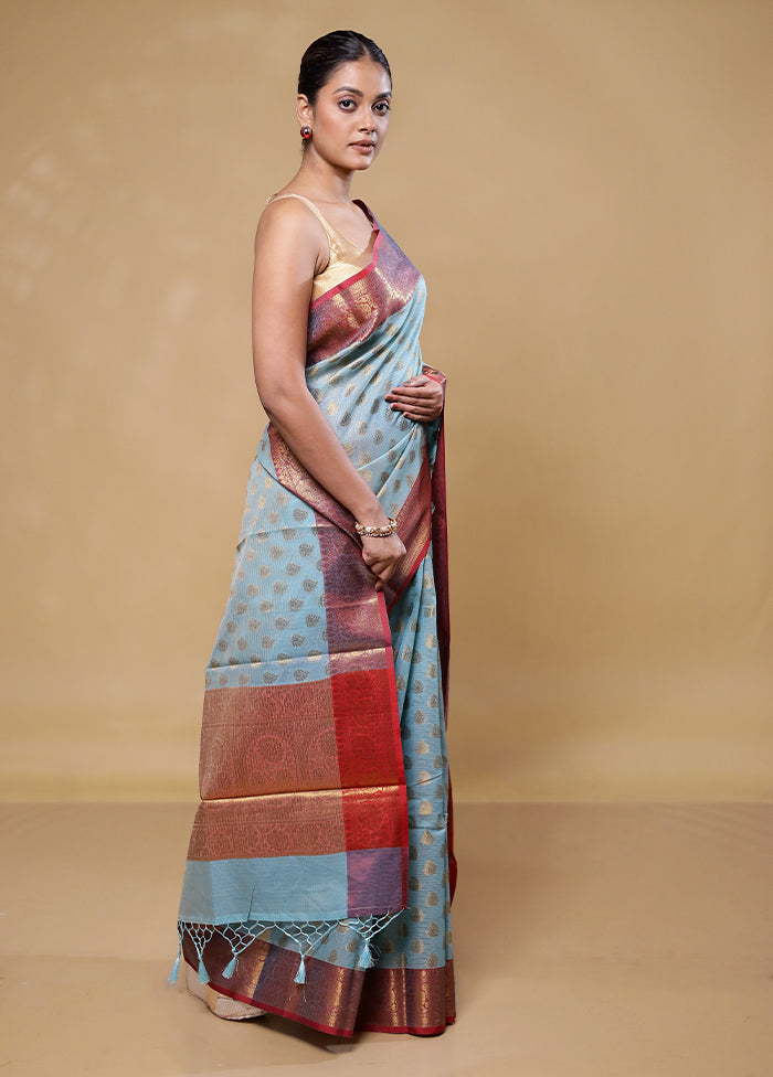 Blue Kora Silk Saree With Blouse Piece